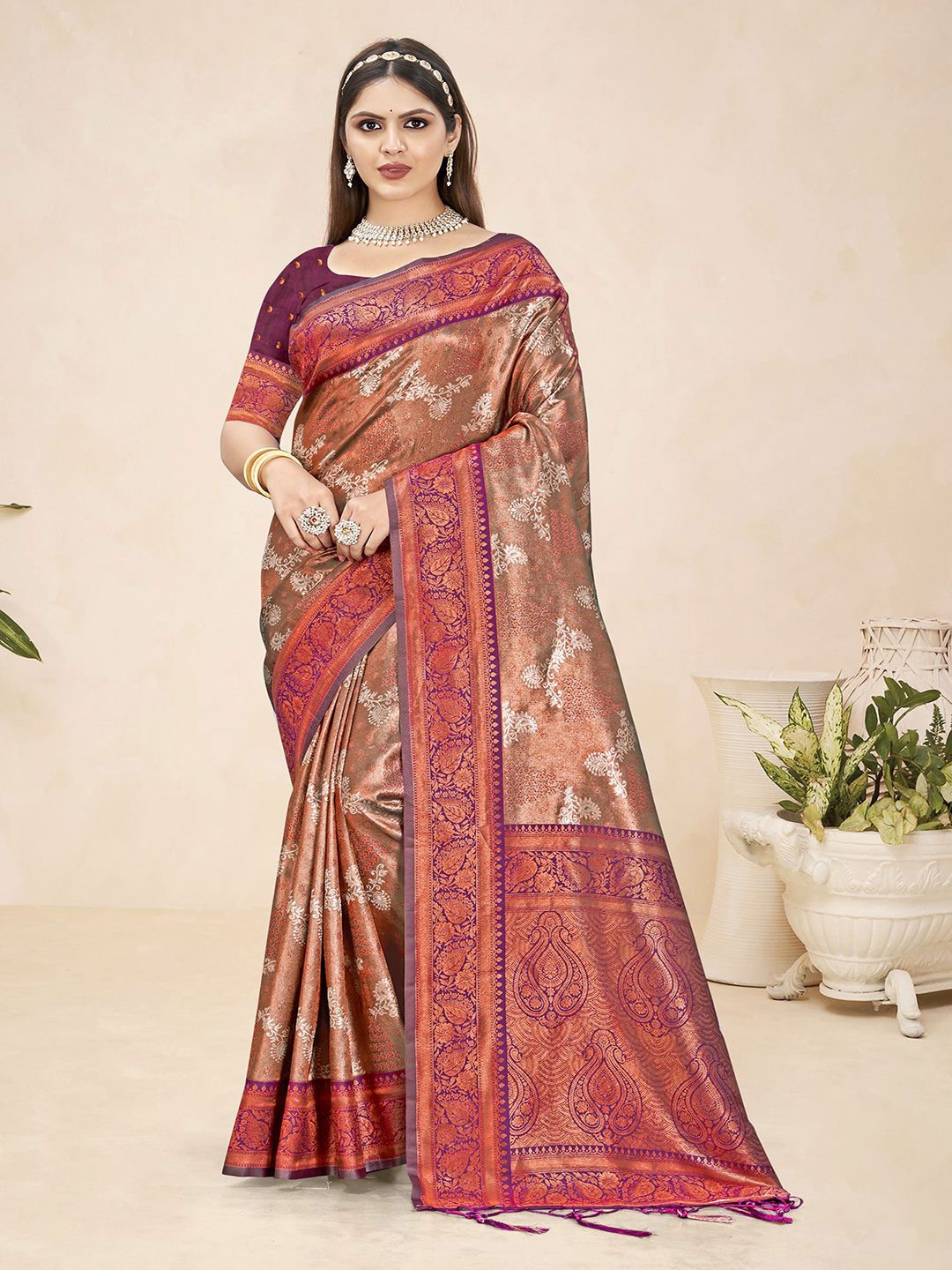 

Ishin Woven Design Zari Silk Blend Saree, Purple