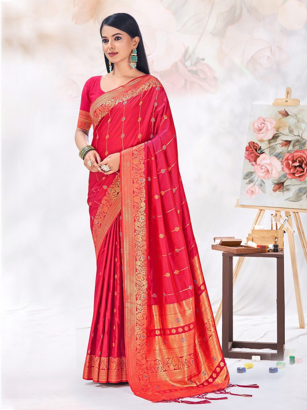 

Ishin Zari Woven Striped Saree with Blouse, Red