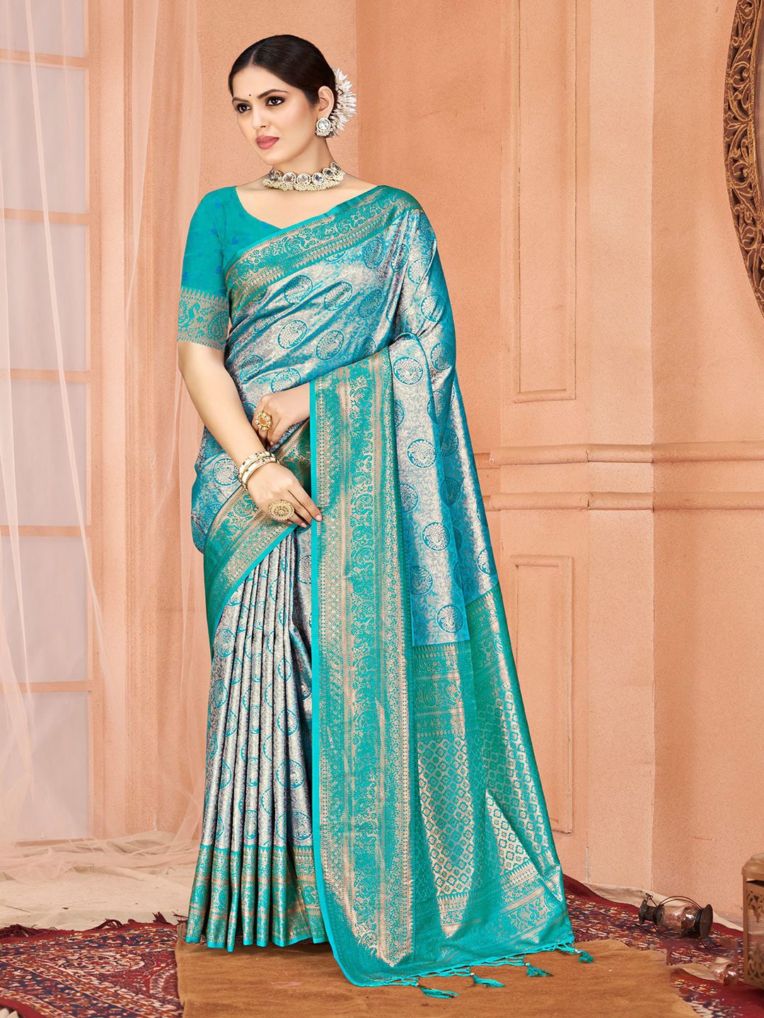 

Ishin Zari Woven Tassel Saree with Blouse, Blue