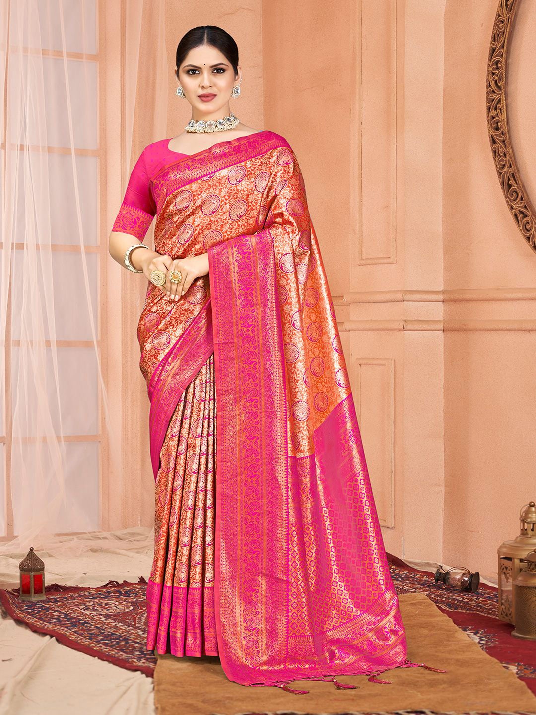 

Ishin Ethnic Motifs Zari Woven Tassel Saree with Blouse, Pink