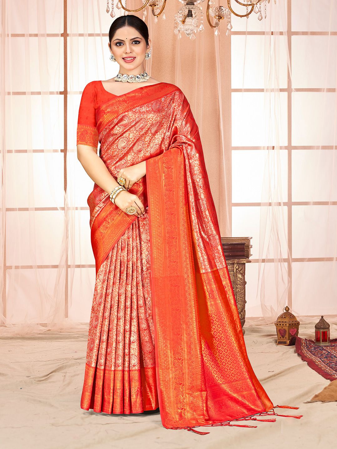 

Ishin Woven Design Zari Silk Blend Saree, Red