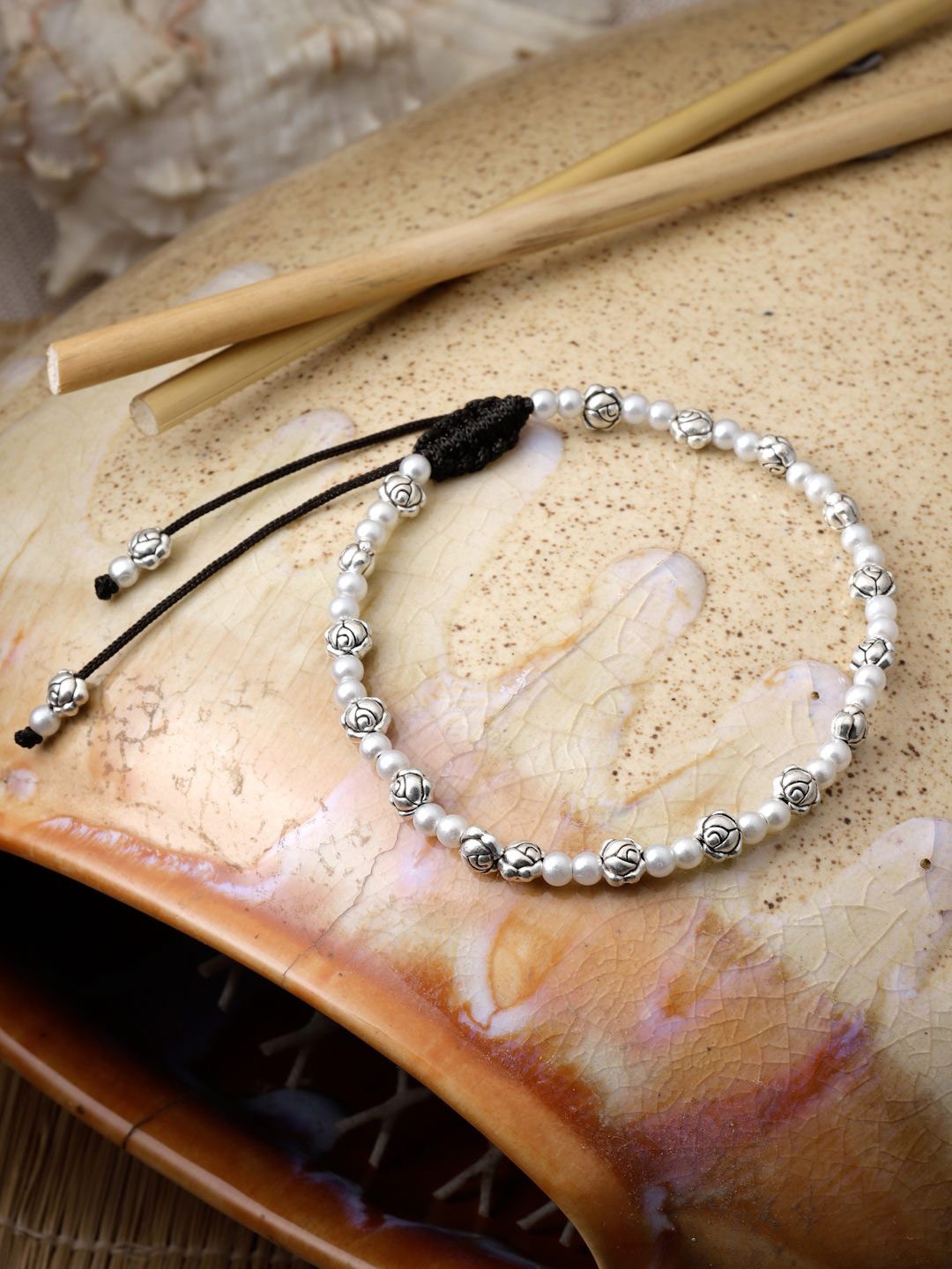 

Sanjog Silver-Plated Oxidised Beaded Pearl Anklet