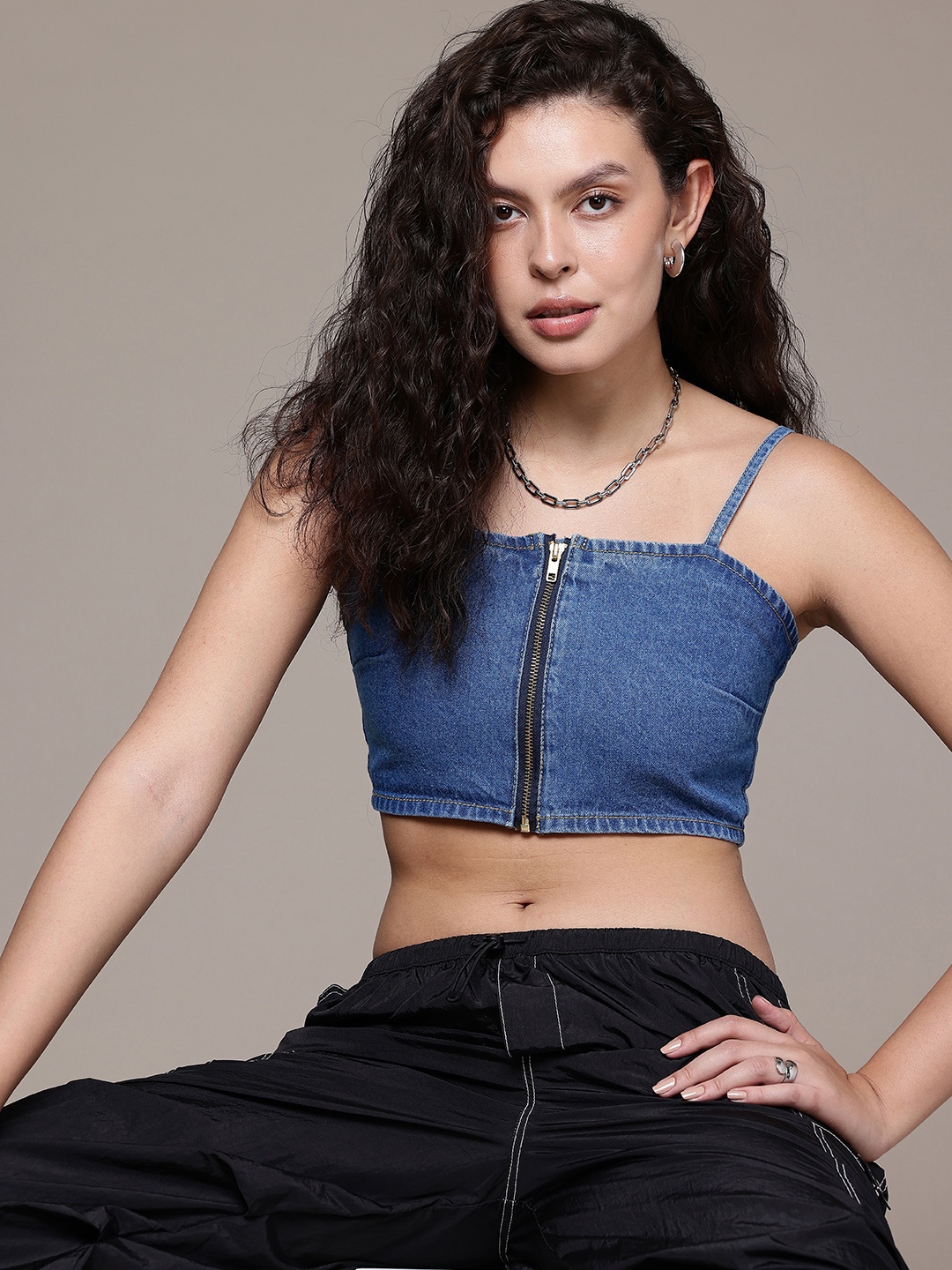 

The Roadster Life Co. Shoulder Straps Pure Cotton Denim Crop Cami Top, Blue