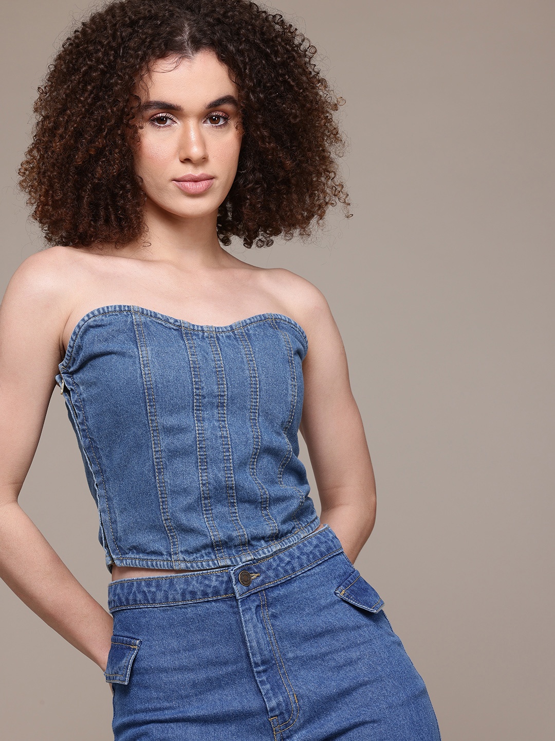 

The Roadster Lifestyle Co. Pure Cotton Denim Corset Crop Top, Blue