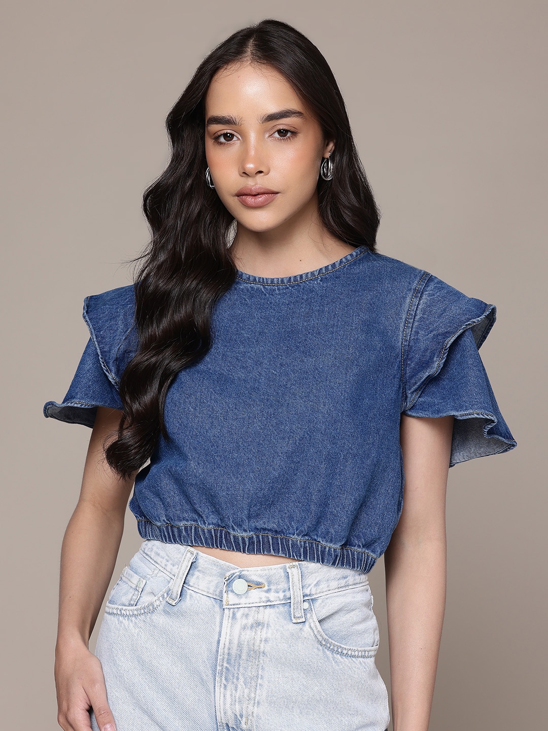 

The Roadster Lifestyle Co. Pure Cotton Denim Blouson Crop, Blue