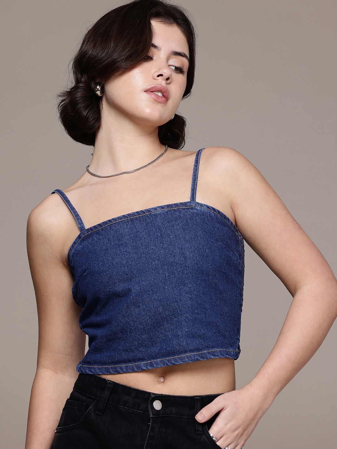 

The Roadster Life Co. Shoulder Straps Smocked Detail Pure Cotton Denim Crop Cami Top, Blue