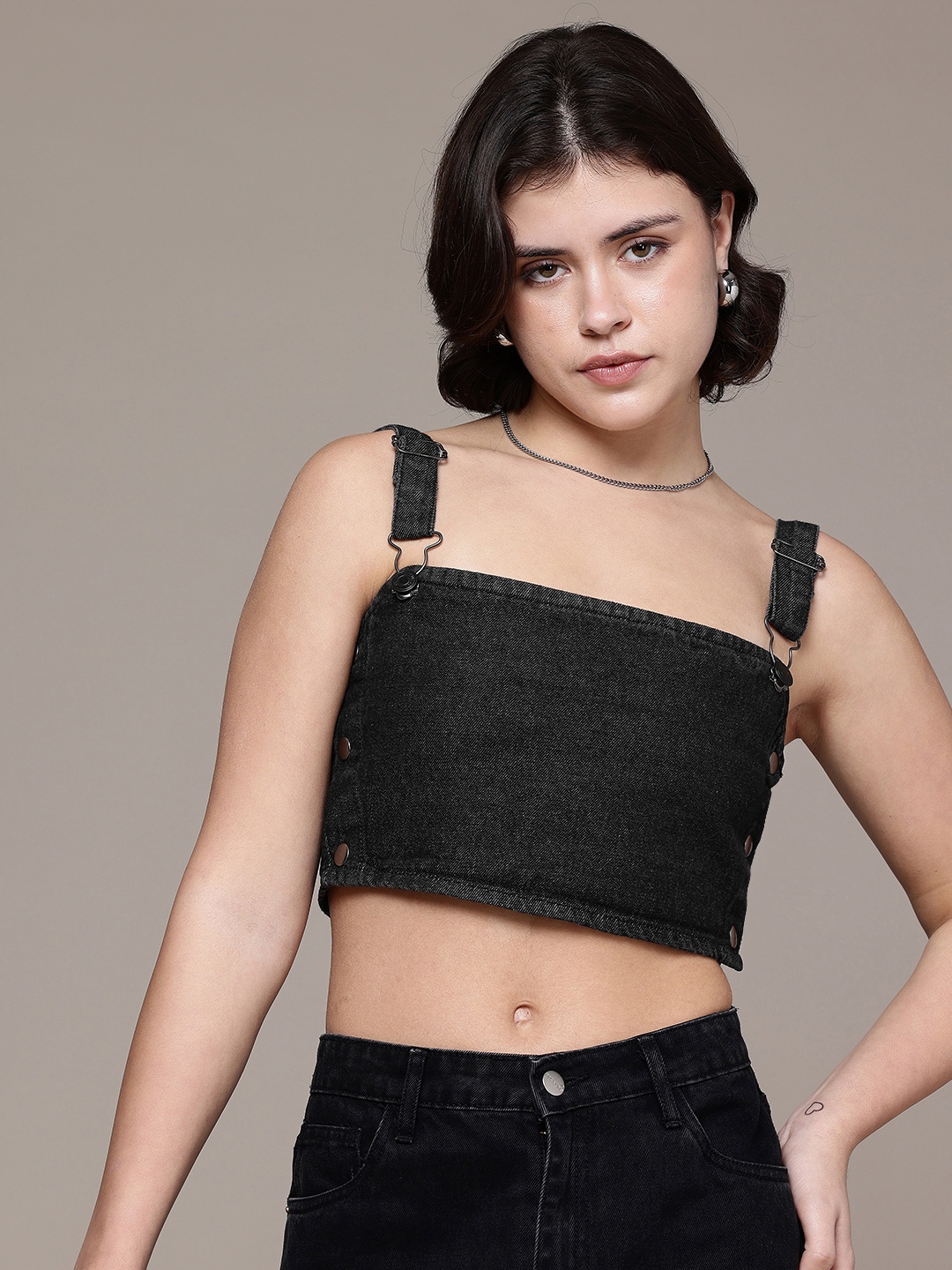 

The Roadster Life Co. Shoulder Straps Pure Cotton Denim Crop Top, Charcoal