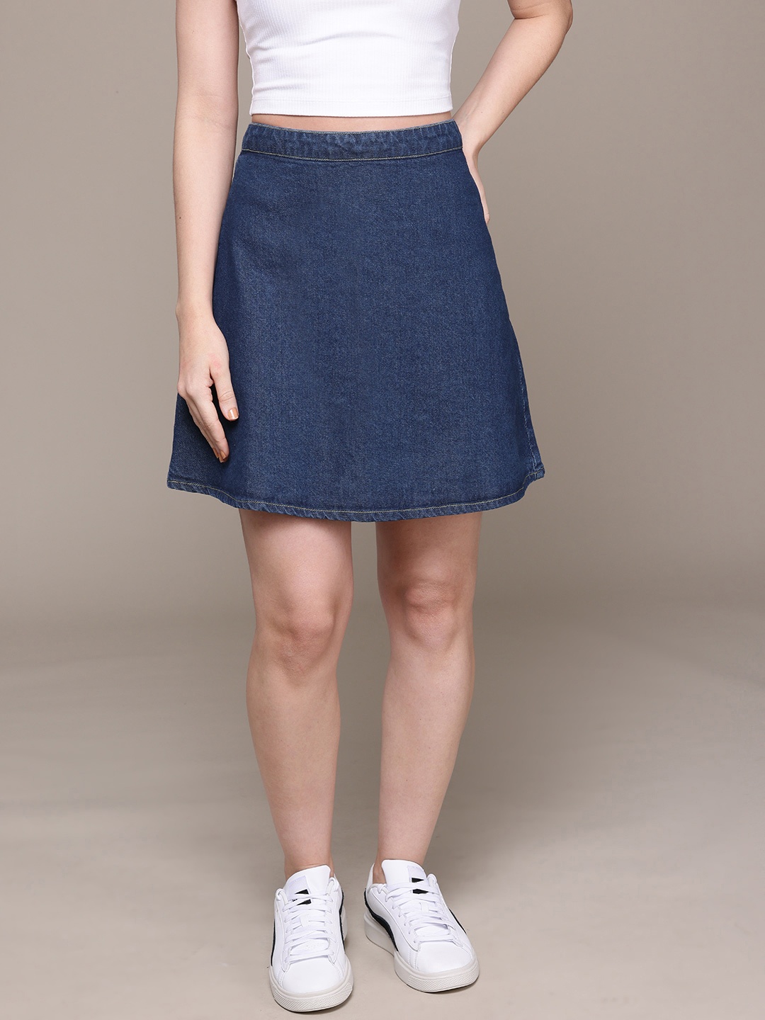 

The Roadster Lifestyle Co. Mid-Rise Pure Cotton Denim A-Line Skirt, Navy blue