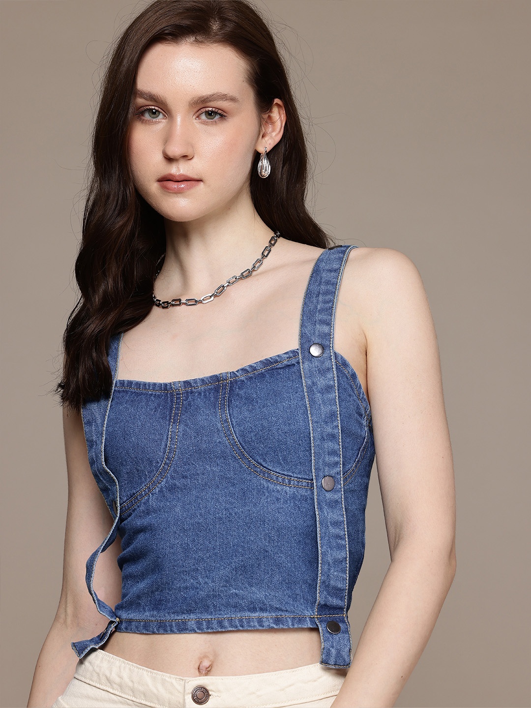 

The Roadster Life Co. Shoulder Straps Pure Cotton Denim Crop Top, Blue