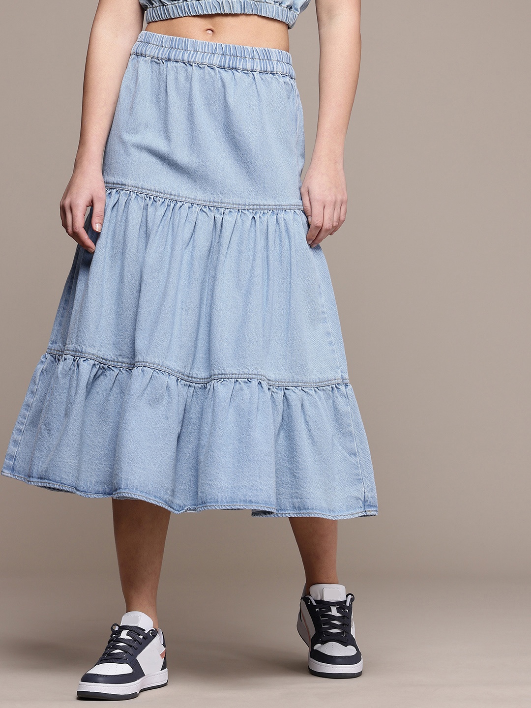 

The Roadster Life Co. Women Gathered or Pleated Pure Cotton Midi Tiered Skirt, Blue