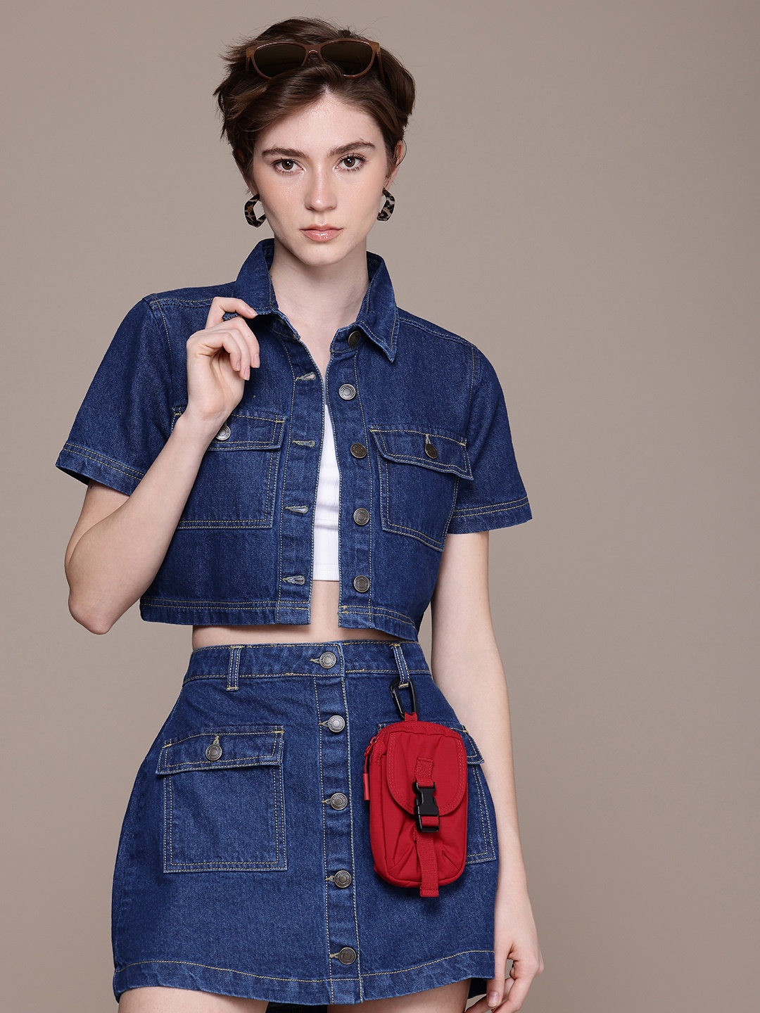 

The Roadster Life Co. Denim Pure Cotton Shirt with Skirt Co-Ords, Blue