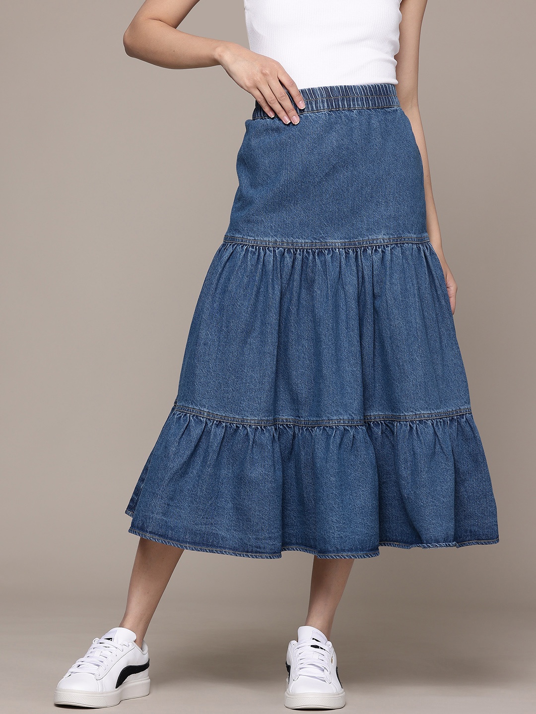 

The Roadster Lifestyle Co. Pure Cotton Denim Tiered Midi Skirt, Blue
