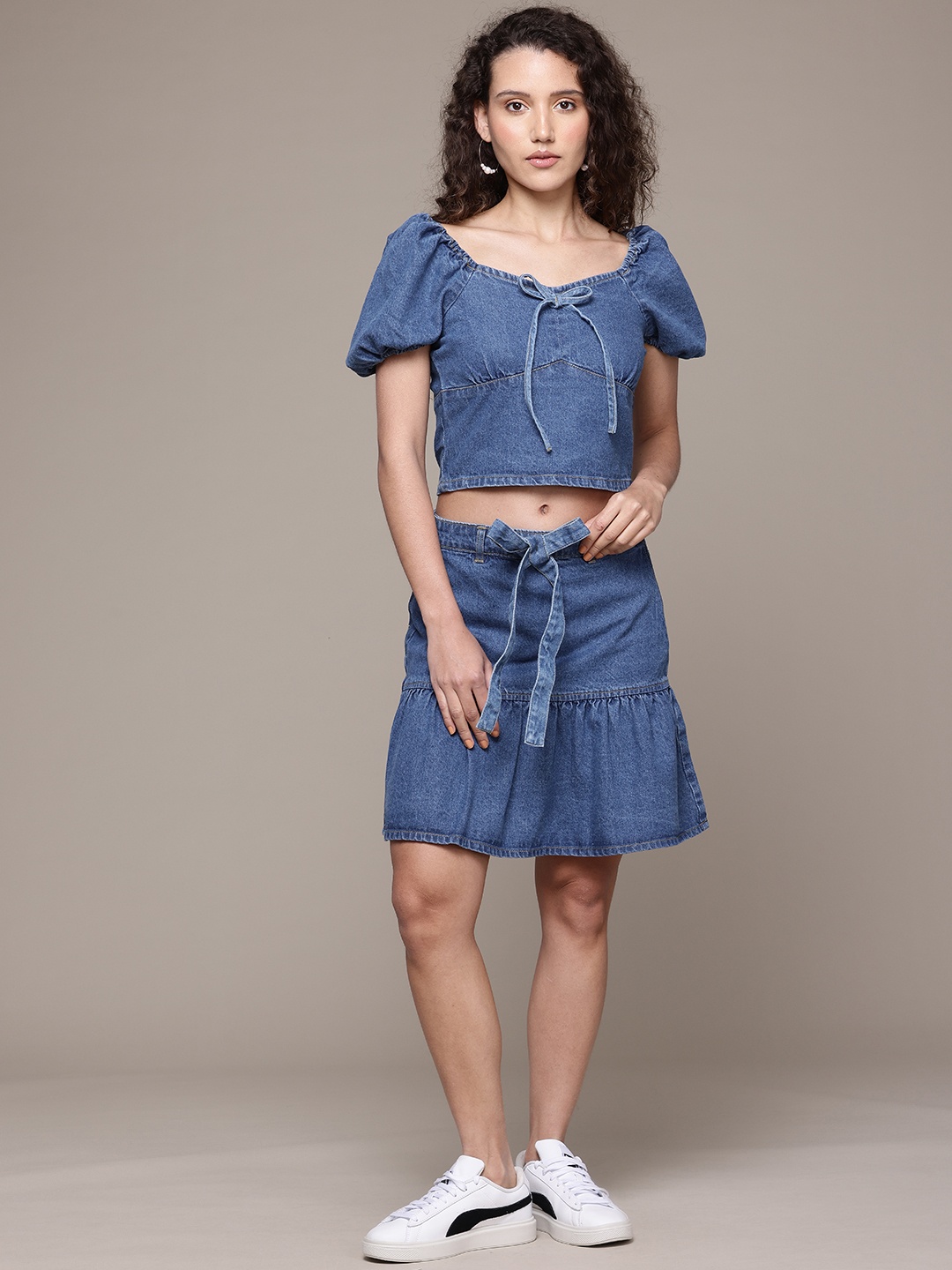 

The Roadster Lifestyle Co. Tie-Up Detail Pure Cotton Denim Crop Top with A-Line Skirt, Navy blue