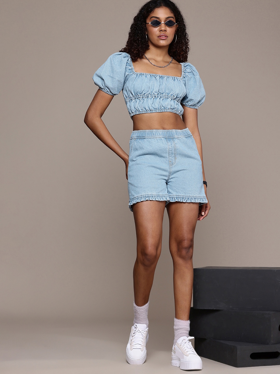 

The Roadster Life Co. Wide Leg Shorts with Puff Sleeve Smocked Top Pure Cotton Co-Ords, Blue