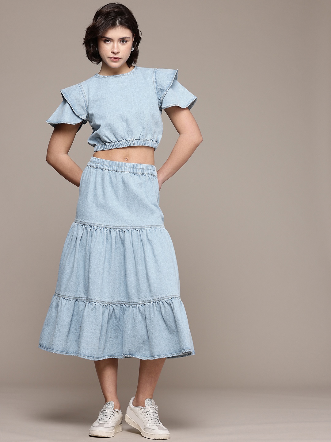 

The Roadster Life Co. Denim Pure Cotton Ruffled Top with Tiered Skirt, Blue