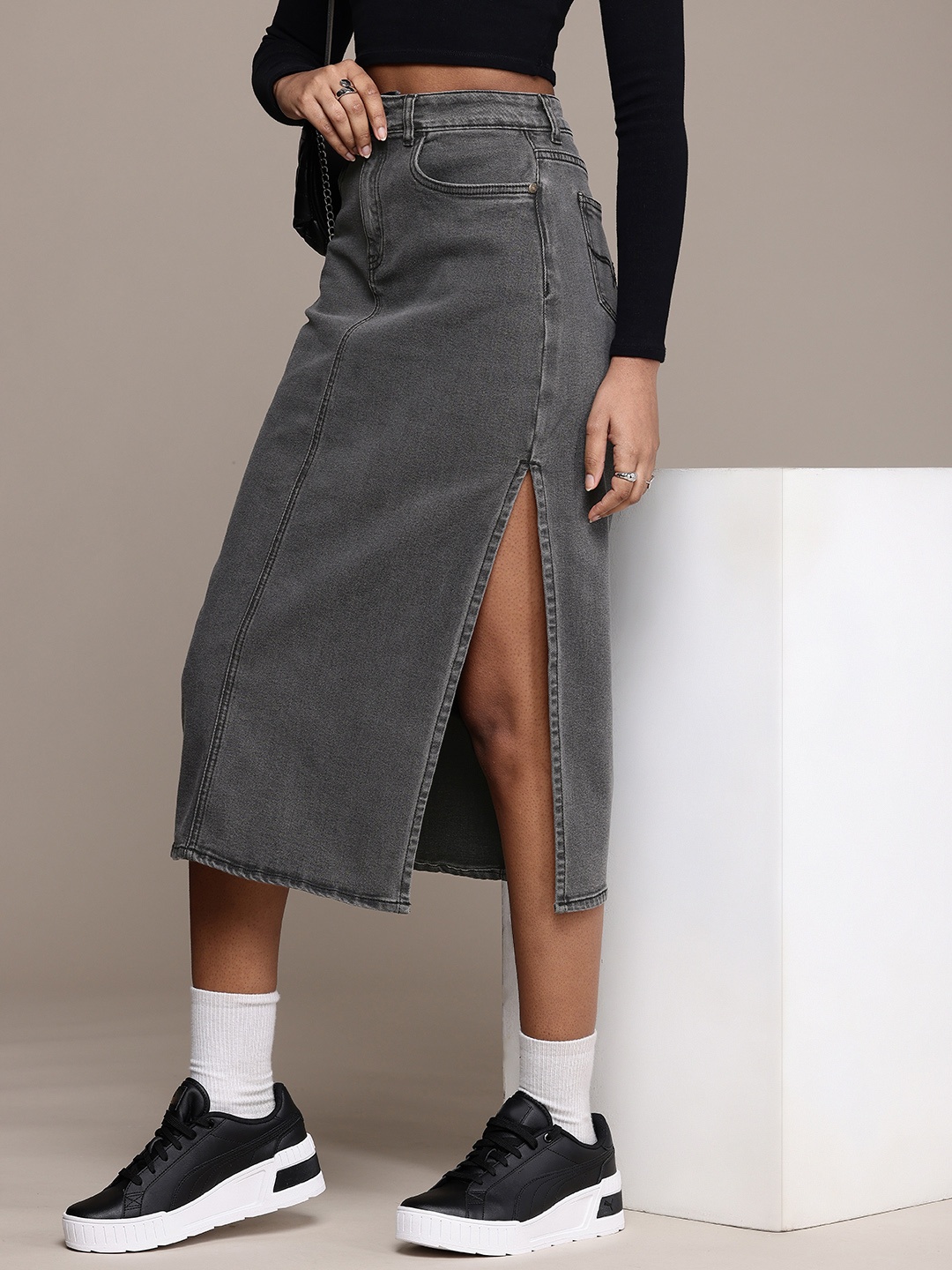 

The Roadster Life Co. Women Side Slit Straight Midi Denim Skirt, Charcoal