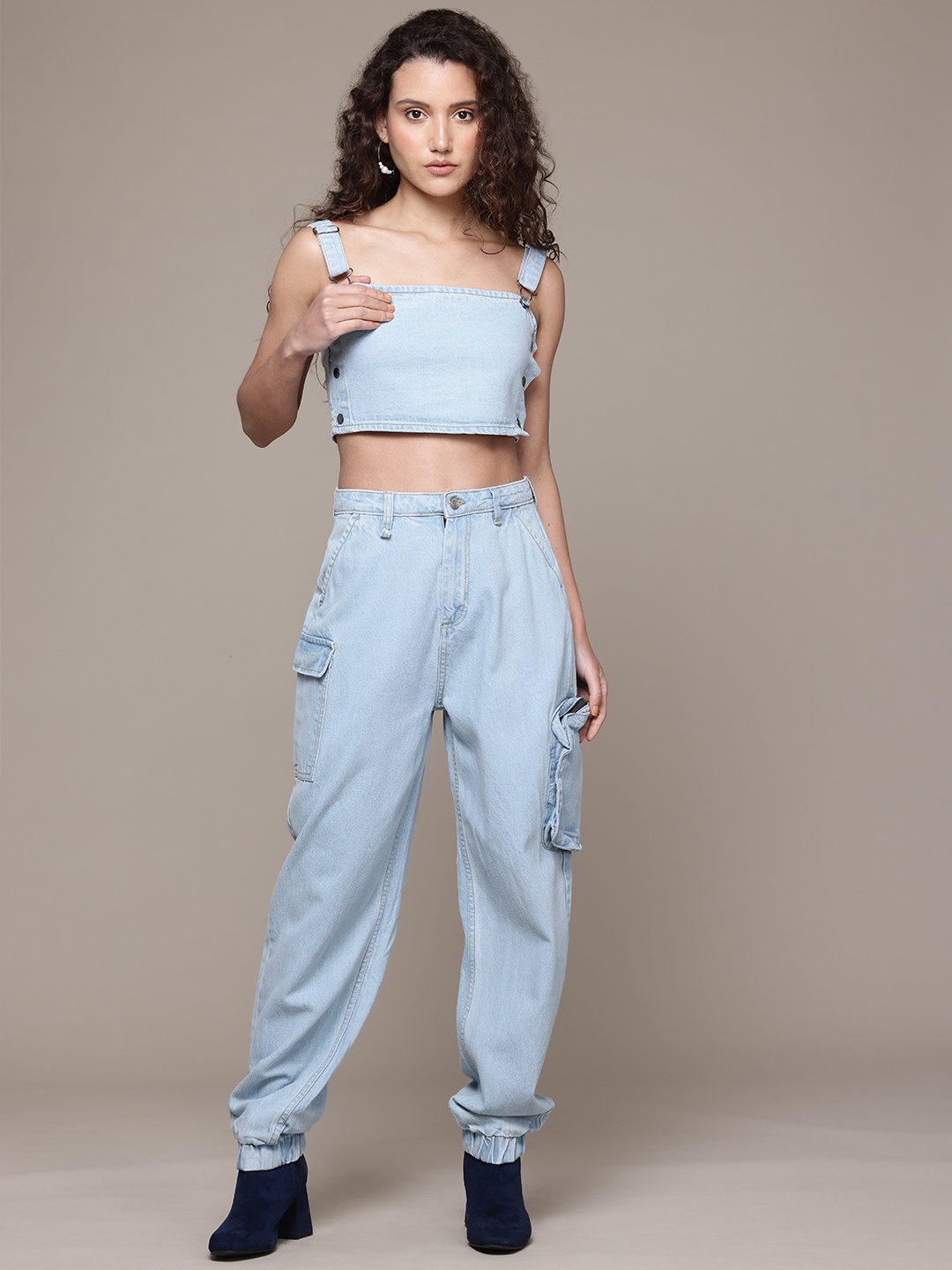 

The Roadster Lifestyle Co. Acid Washed Denim Crop Top with Cargo Style Joggers, Blue