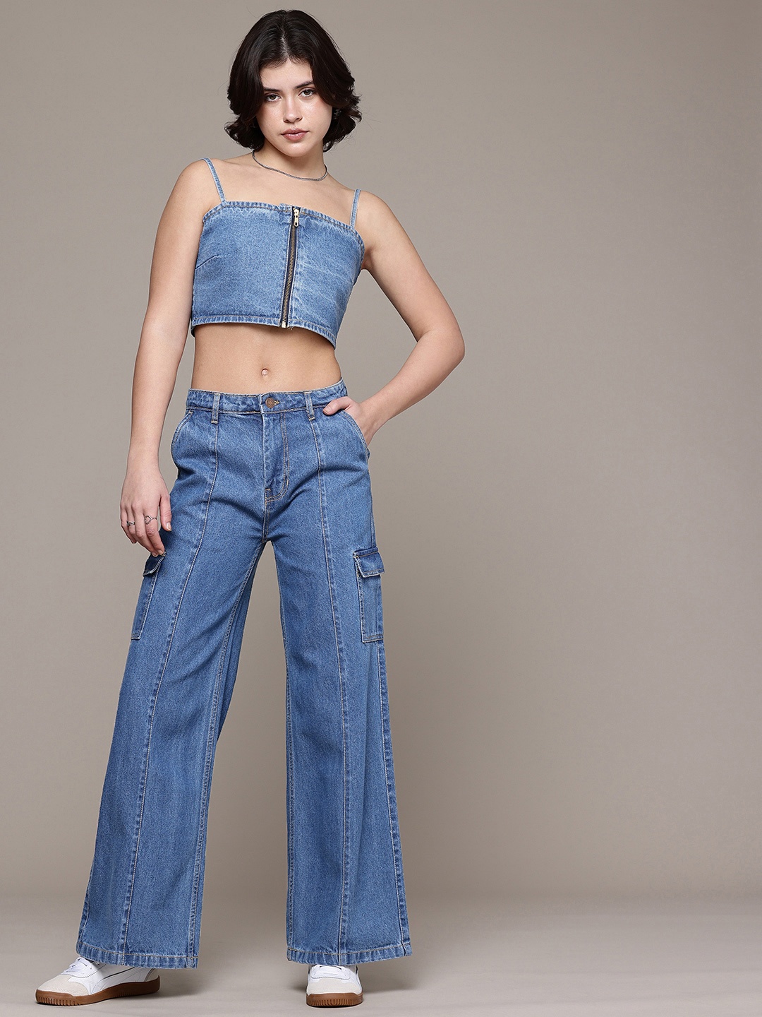 

The Roadster Life Co. Denim Cami Top with Wide Leg Jeans Pure Cotton Co-Ords, Blue