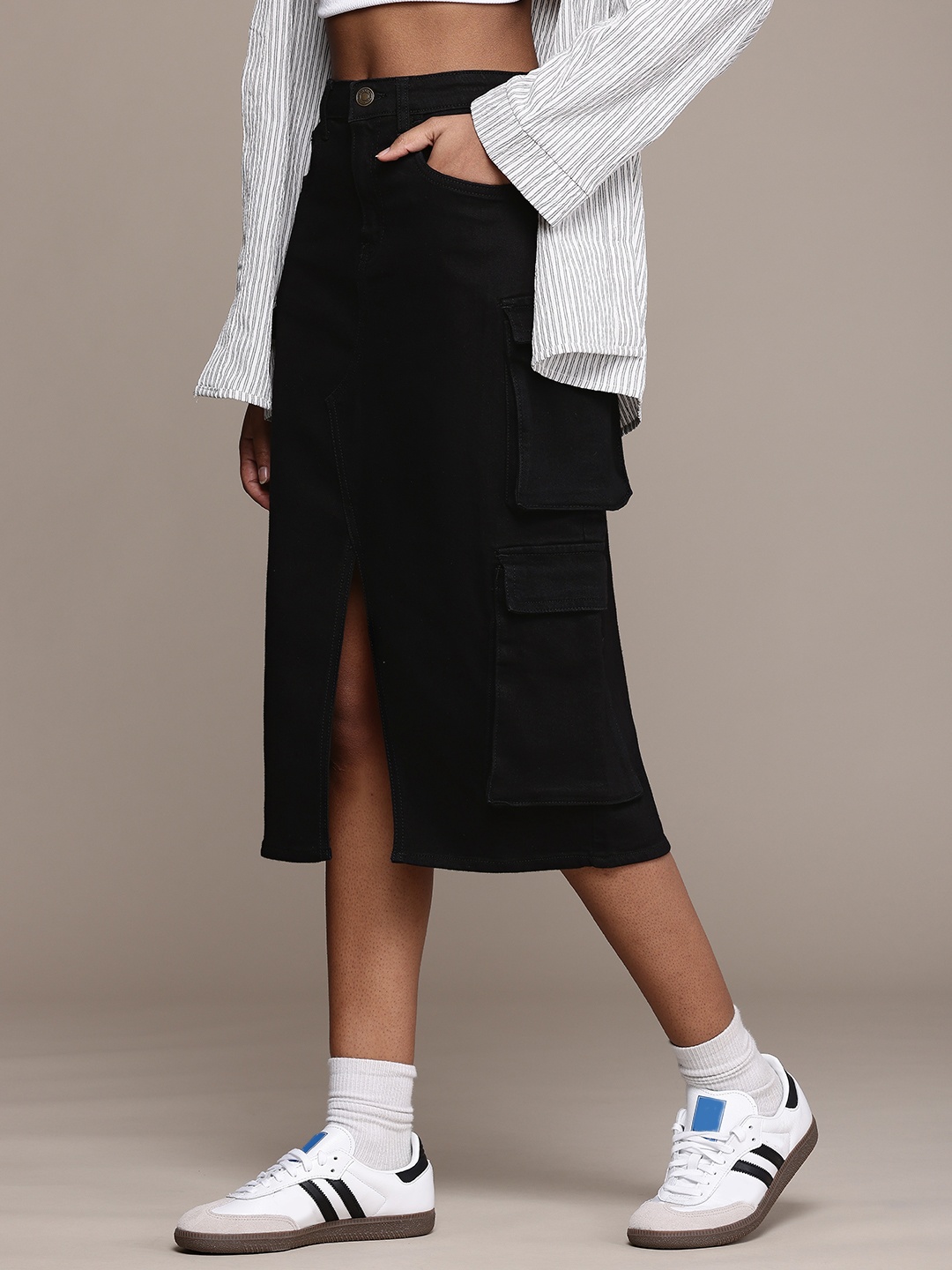

The Roadster Life Co. Women Front Slit Cargo Style Straight Midi Denim Skirt, Black