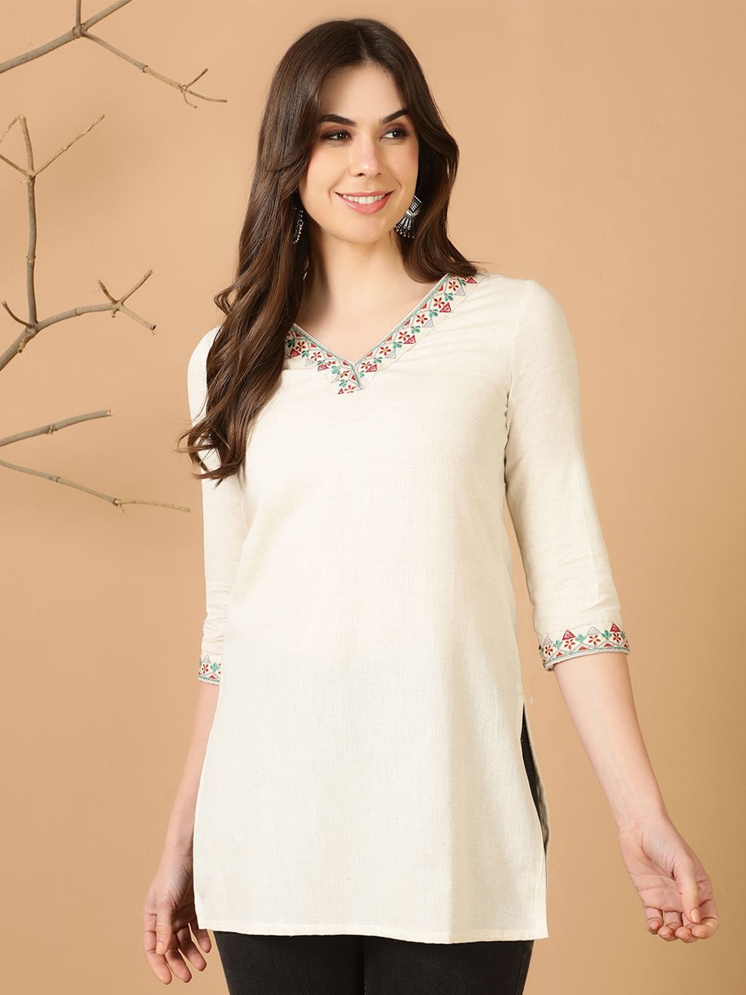 

antaran Women Cotton V-Neck Three-Quarter Sleeves Casual Top, White