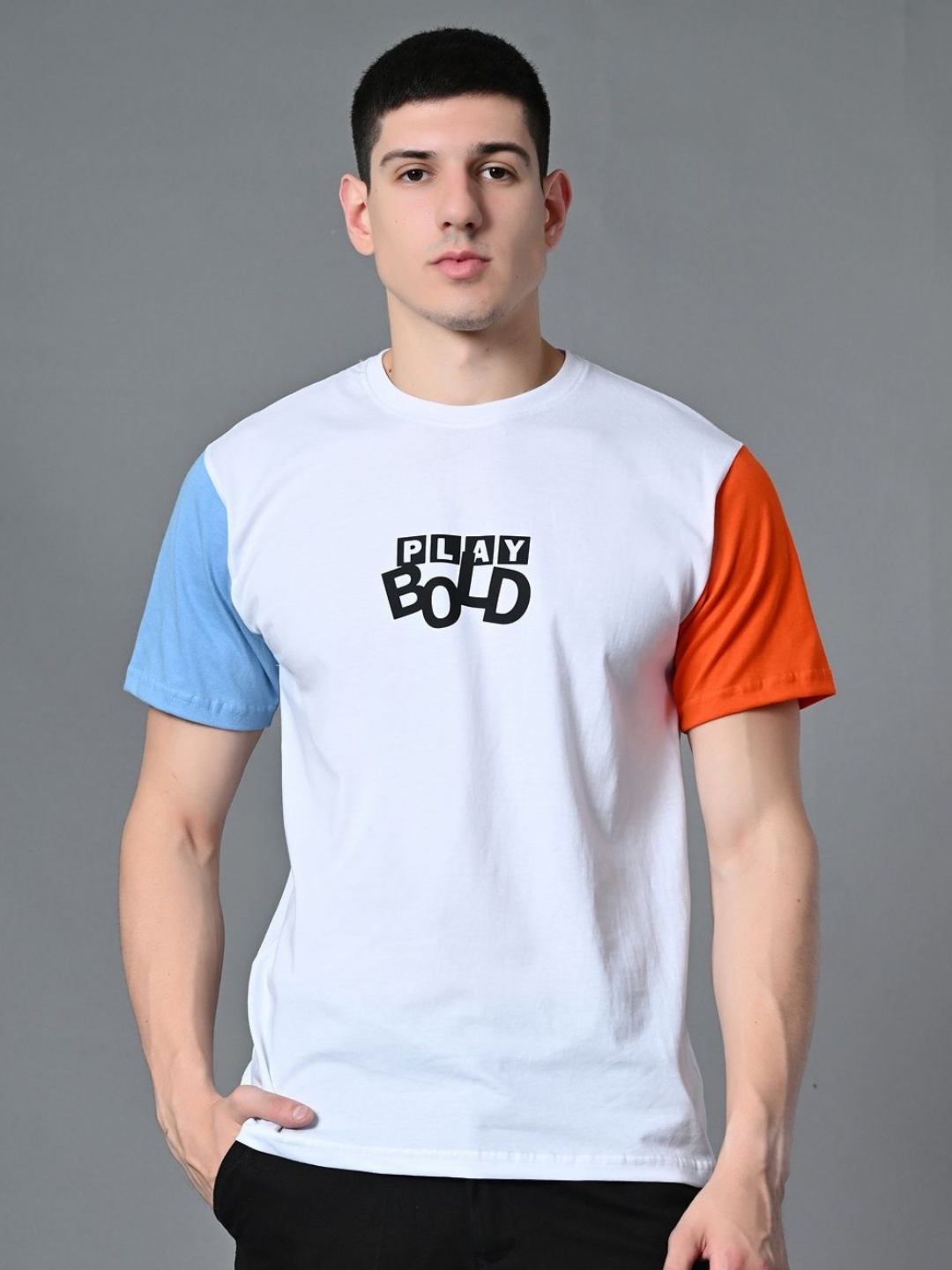

FITINC Men Typography Printed Bio Finish Applique T-shirt, White