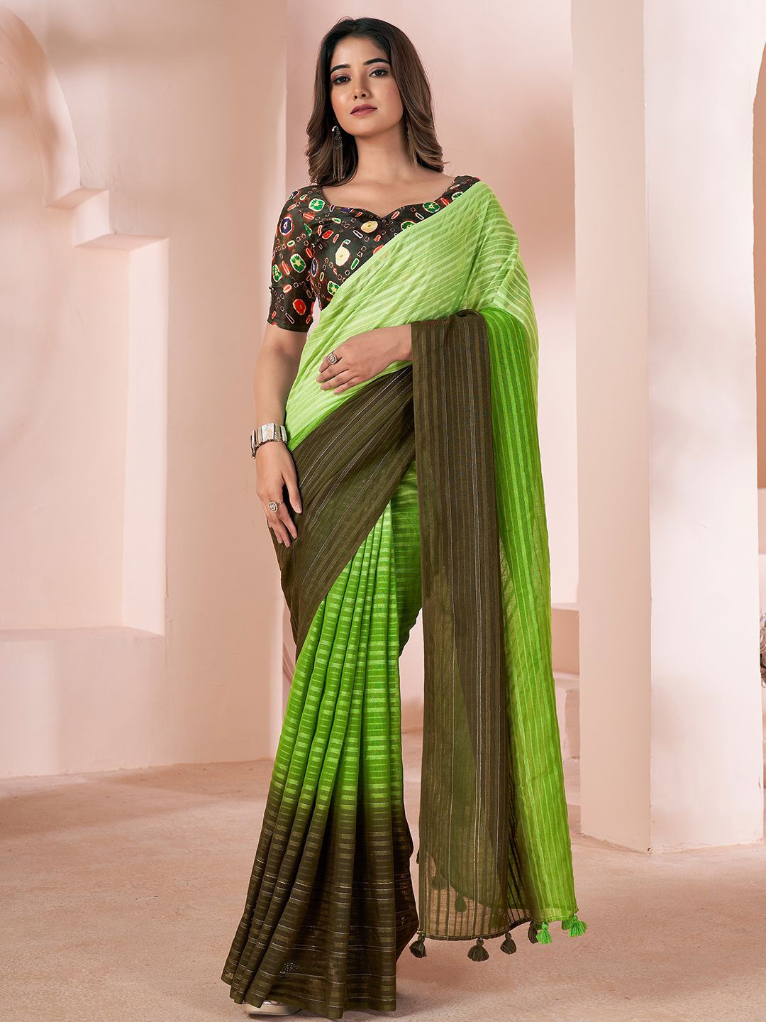 

Mitera Striped Pure Linen Ombre Saree, Green