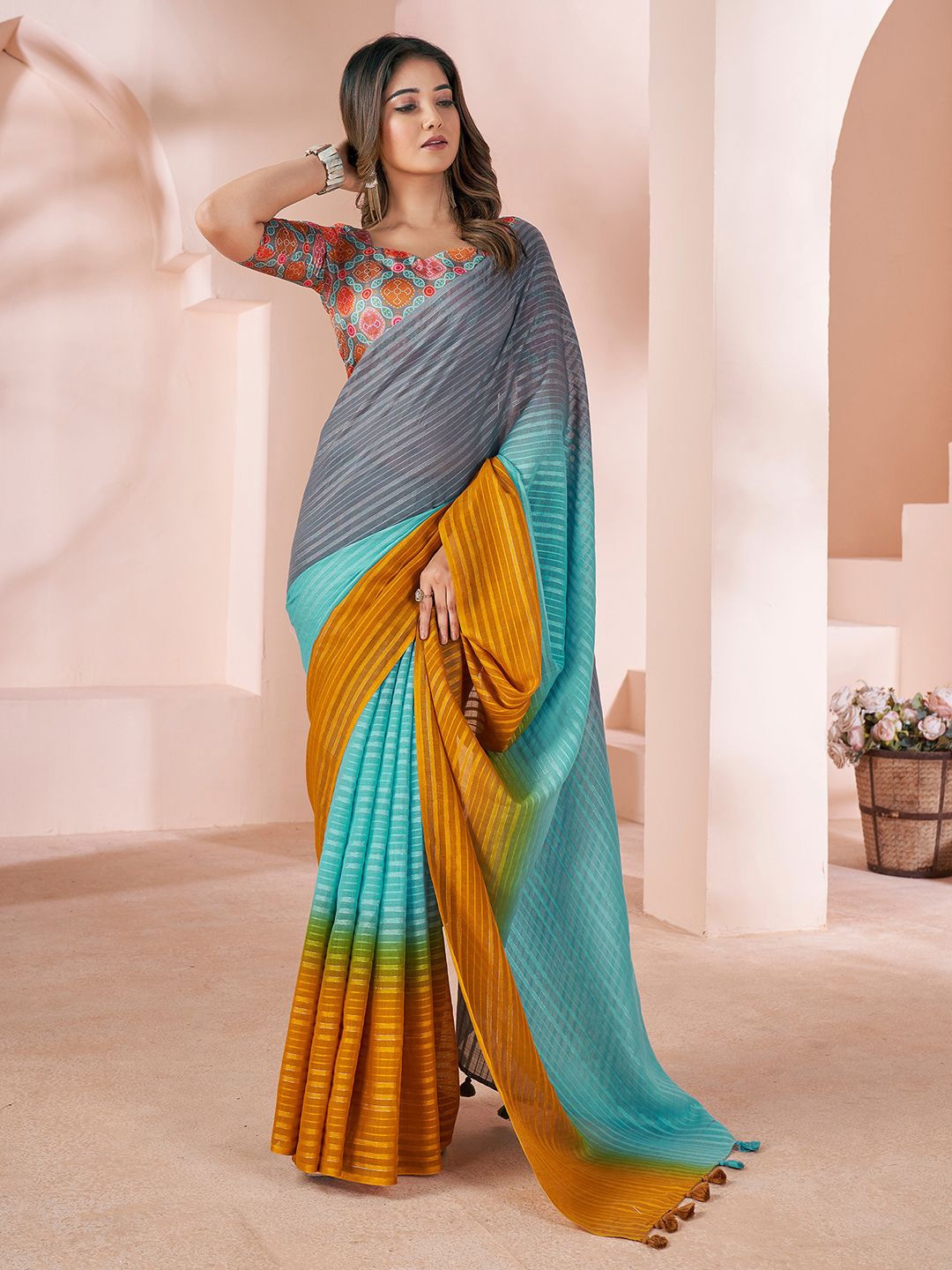 

Mitera Striped Pure Linen Ombre Saree, Turquoise blue