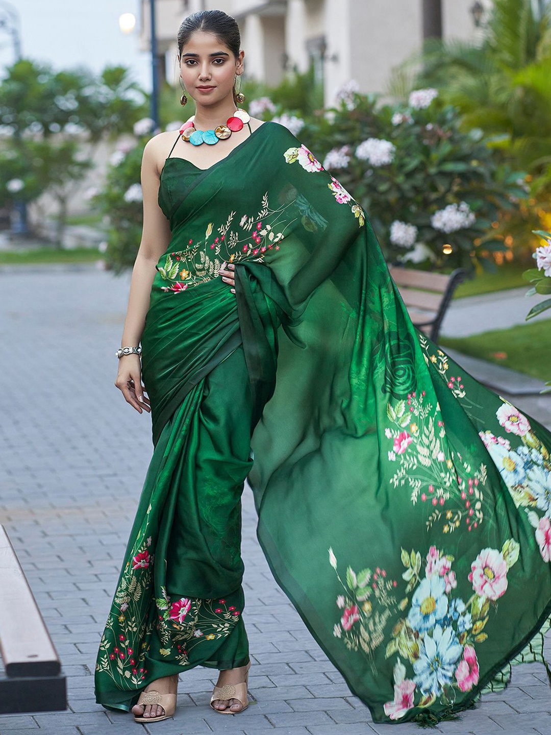 

Mitera Floral Satin Saree, Green