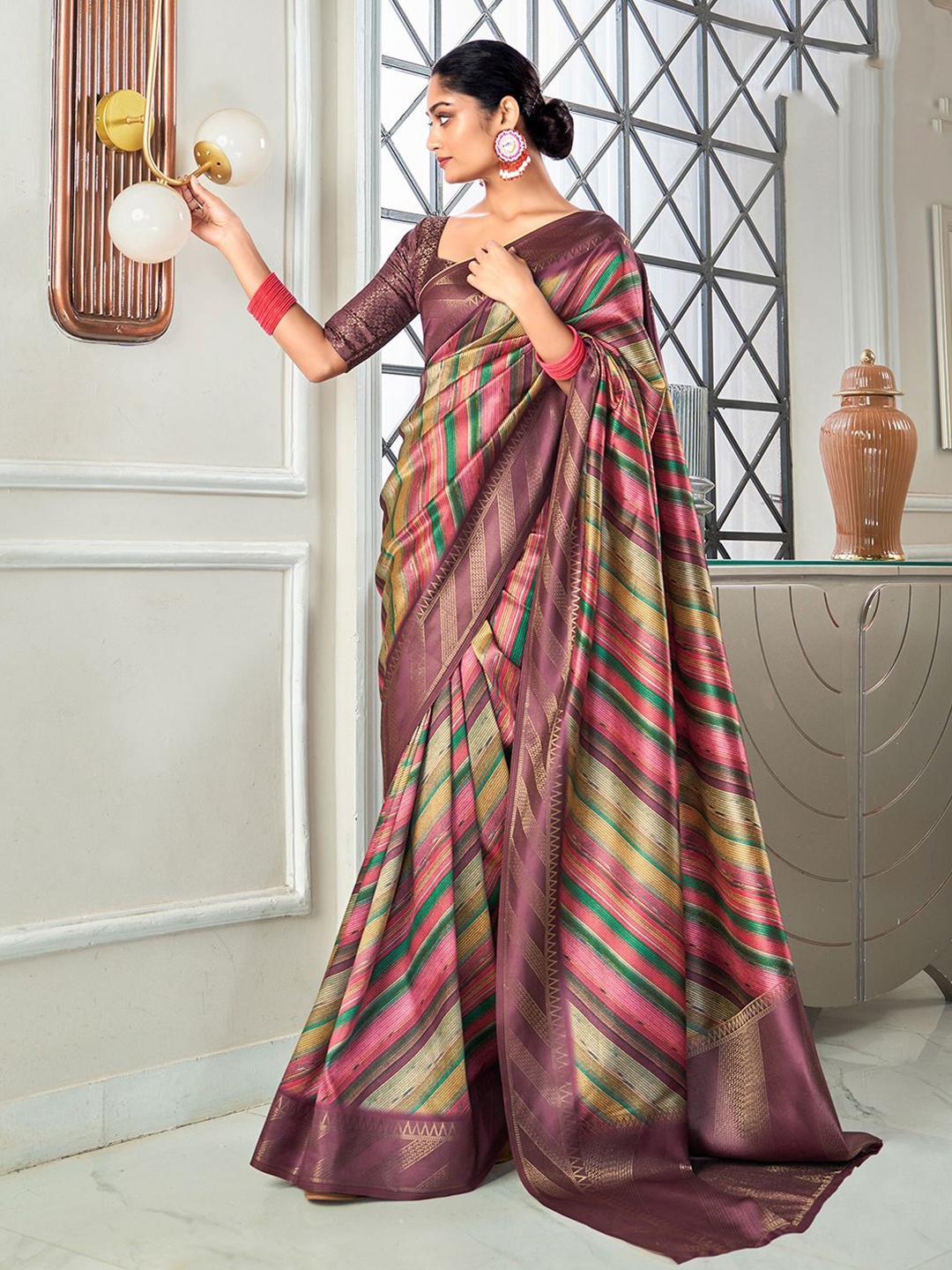 

Mitera Zari Woven Striped Pure Silk Saree, Purple