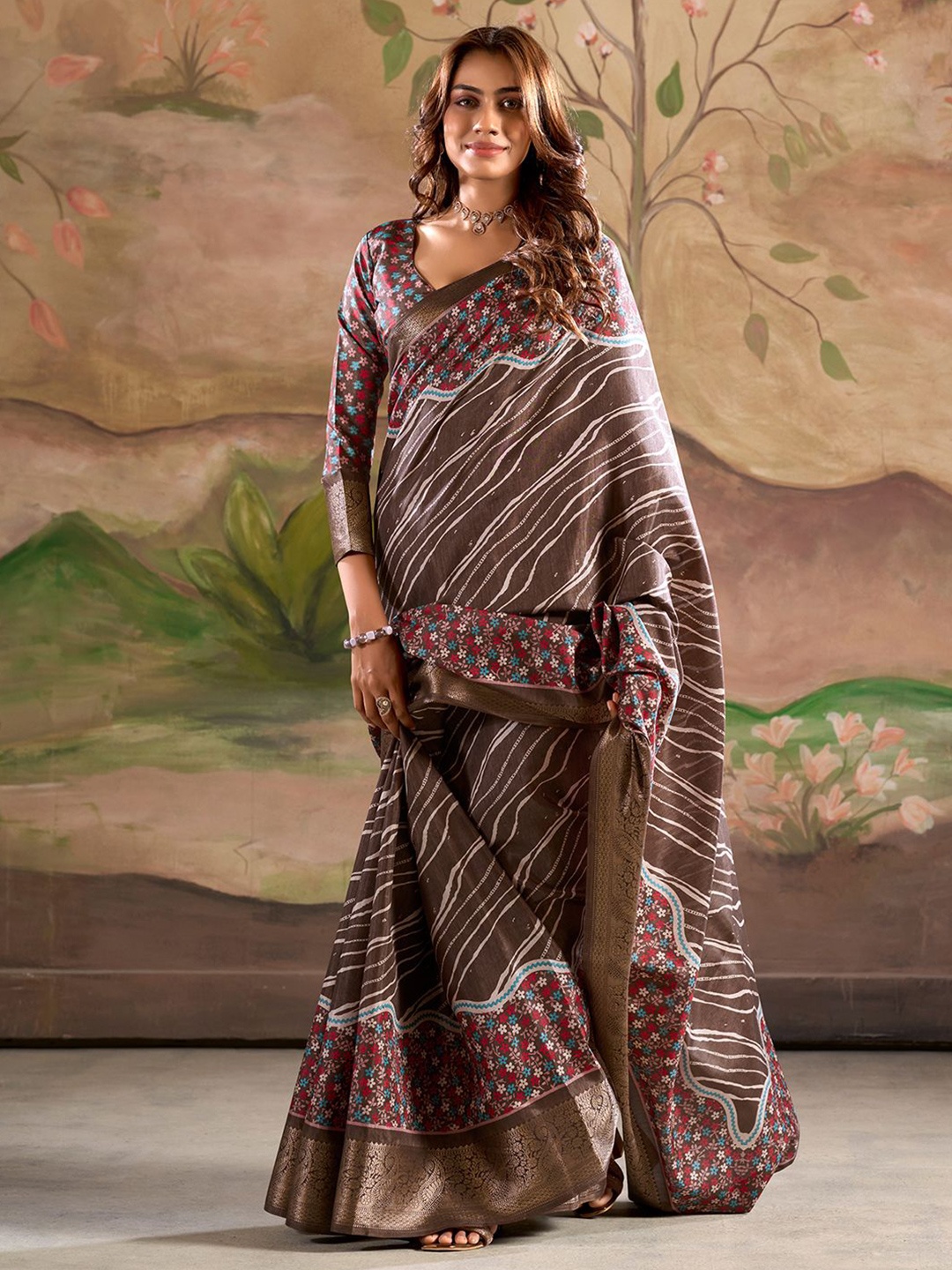 

Mitera Striped Zari Woven Floral Saree, Brown