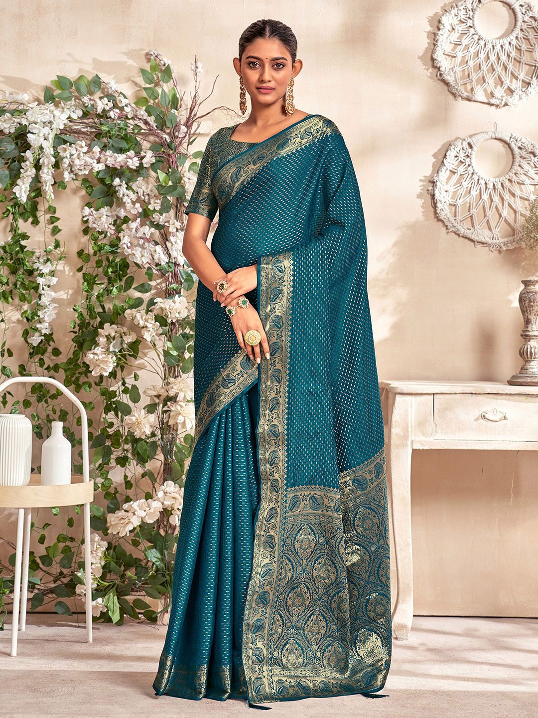 

Mitera Zari Woven Striped Pure Silk Banarasi Saree, Teal