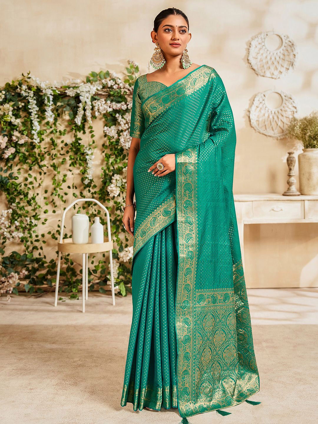 

Mitera Zari Woven Striped Pure Silk Banarasi Saree, Sea green