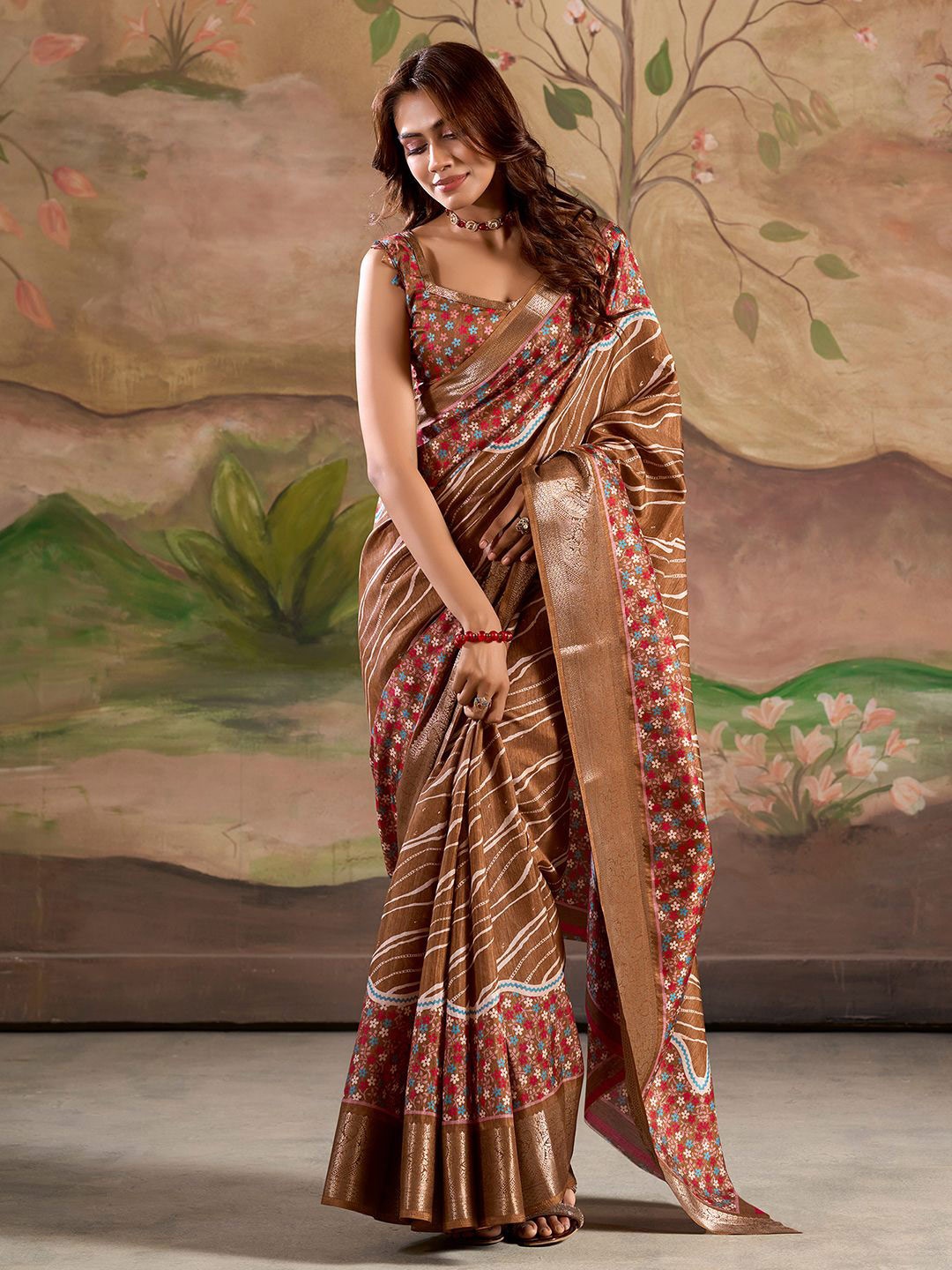 

Mitera Striped Zari Woven Floral Saree with Blouse, Brown