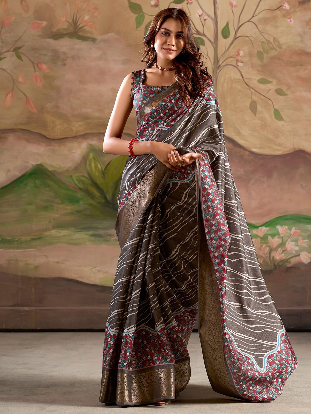 

Mitera Striped Floral Zari Woven Saree, Grey