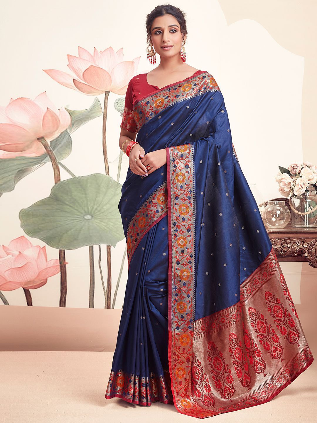 

Mitera Ethnic Motif Zari Woven Pure Silk Banarasi Saree, Navy blue