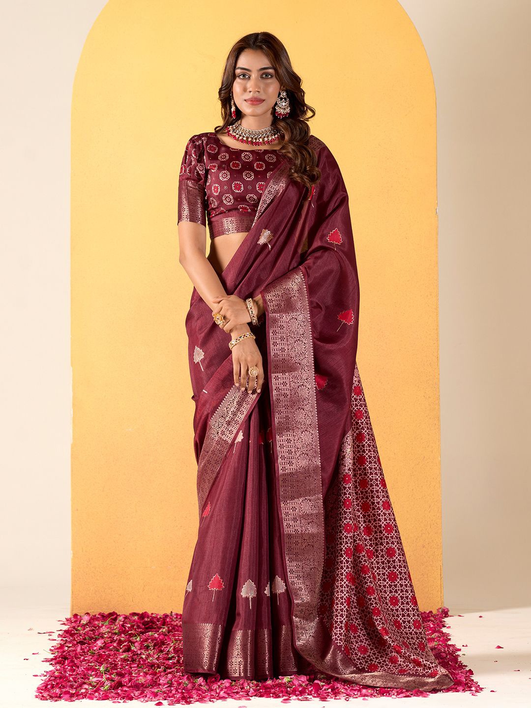 

Mitera Ethnic Motif Zari Woven Saree with Blouse, Maroon