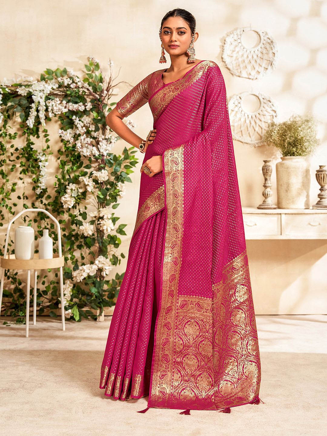 

Mitera Zari Woven Striped Pure Silk Banarasi Saree, Pink