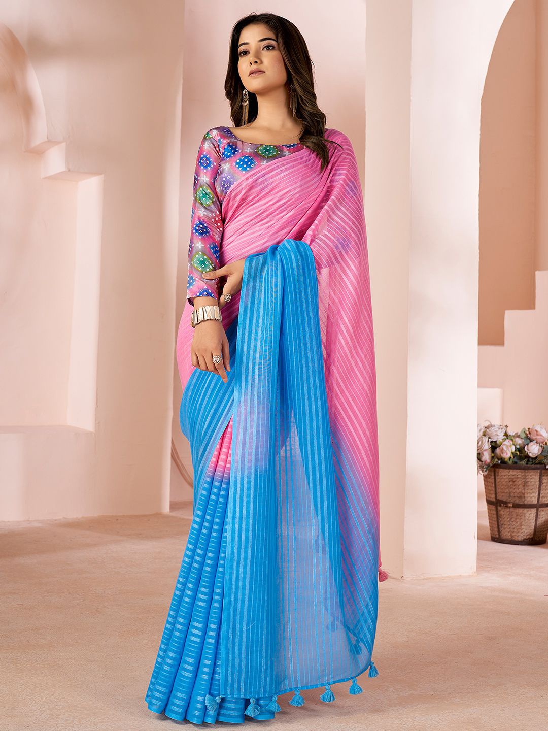 

Mitera Striped Zari Pure Linen Ombre Saree, Blue