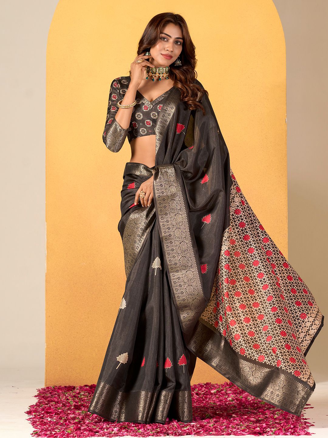 

Mitera Ethnic Motifs Zari Woven Saree with Blouse, Black