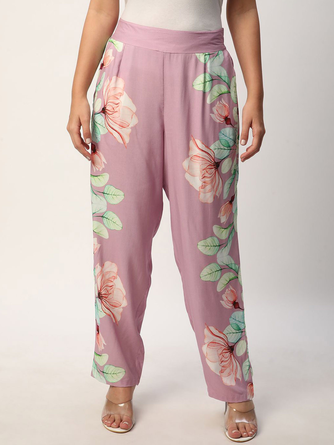 

R&B Women Floral Printed Smart Trouse Parallel Trousersrs, Purple