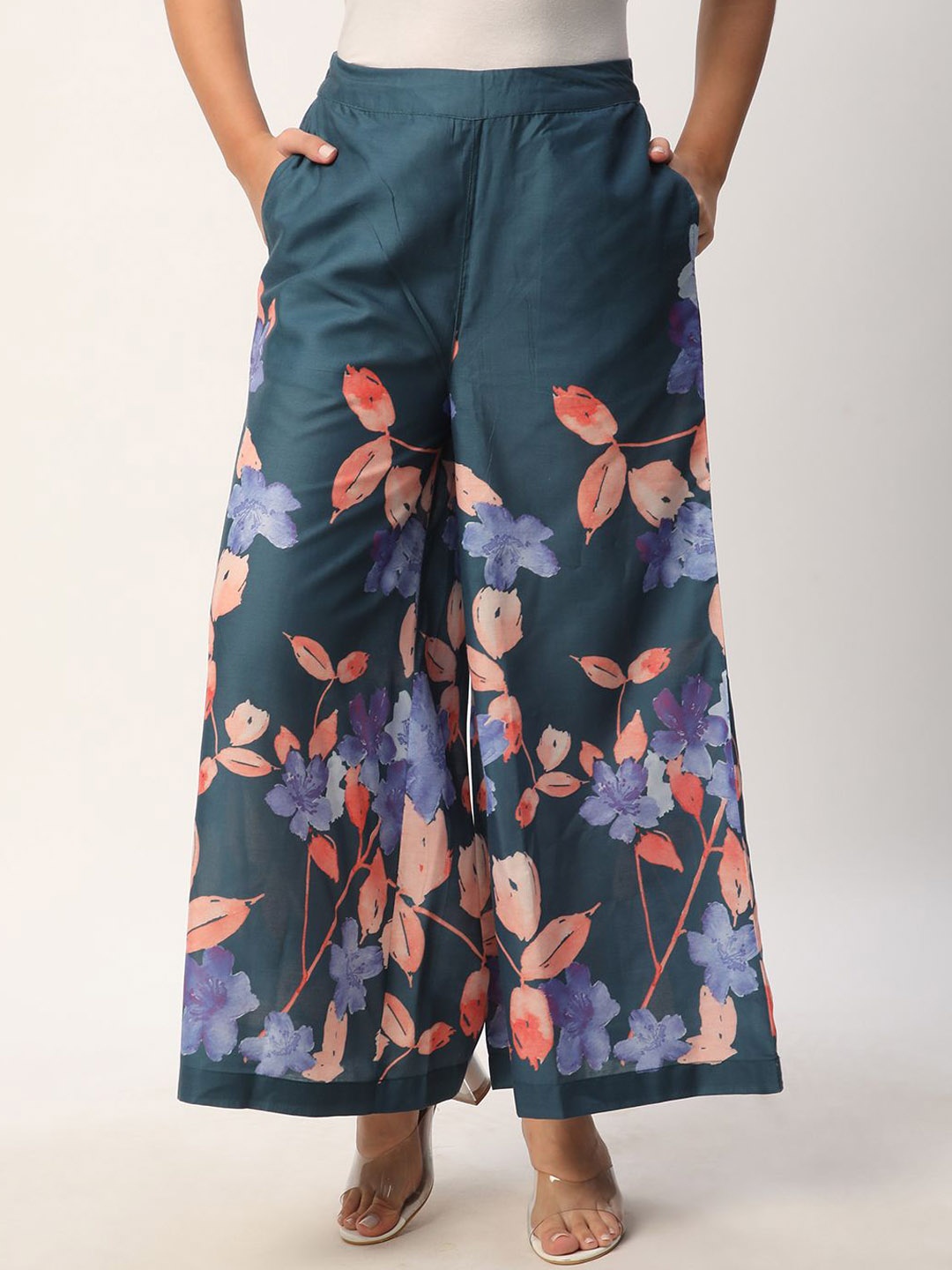 

R&B Women Floral Printed Smart Trousers, Blue
