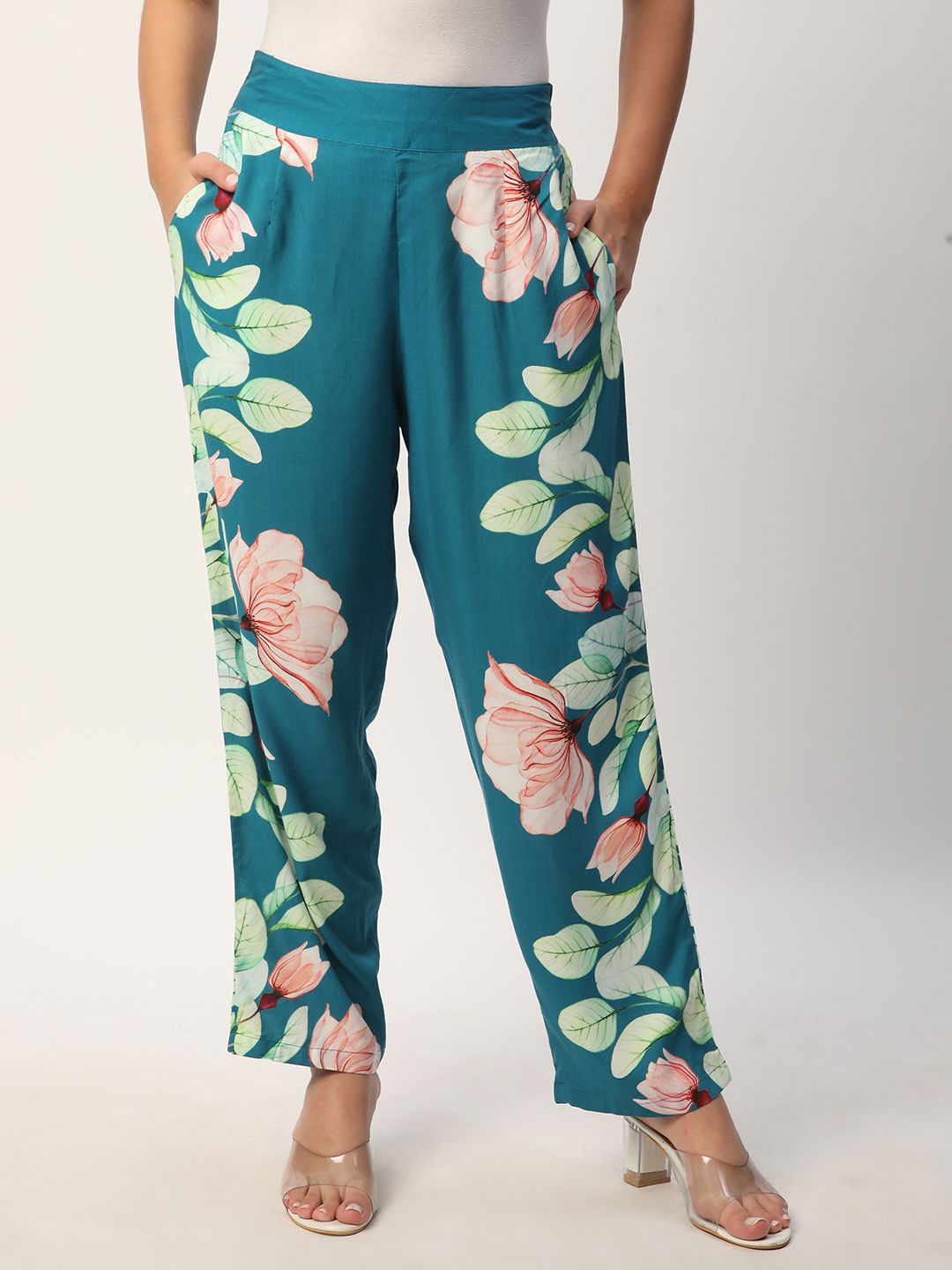 

R&B Women Floral Printed Smart Pleated Trousers, Blue