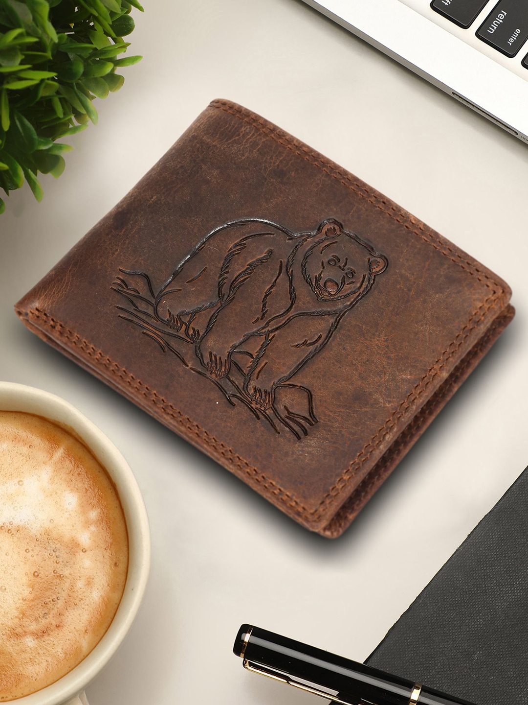 

Sassora Men Animal Printed Embellished Leather Two Fold Wallet, Brown