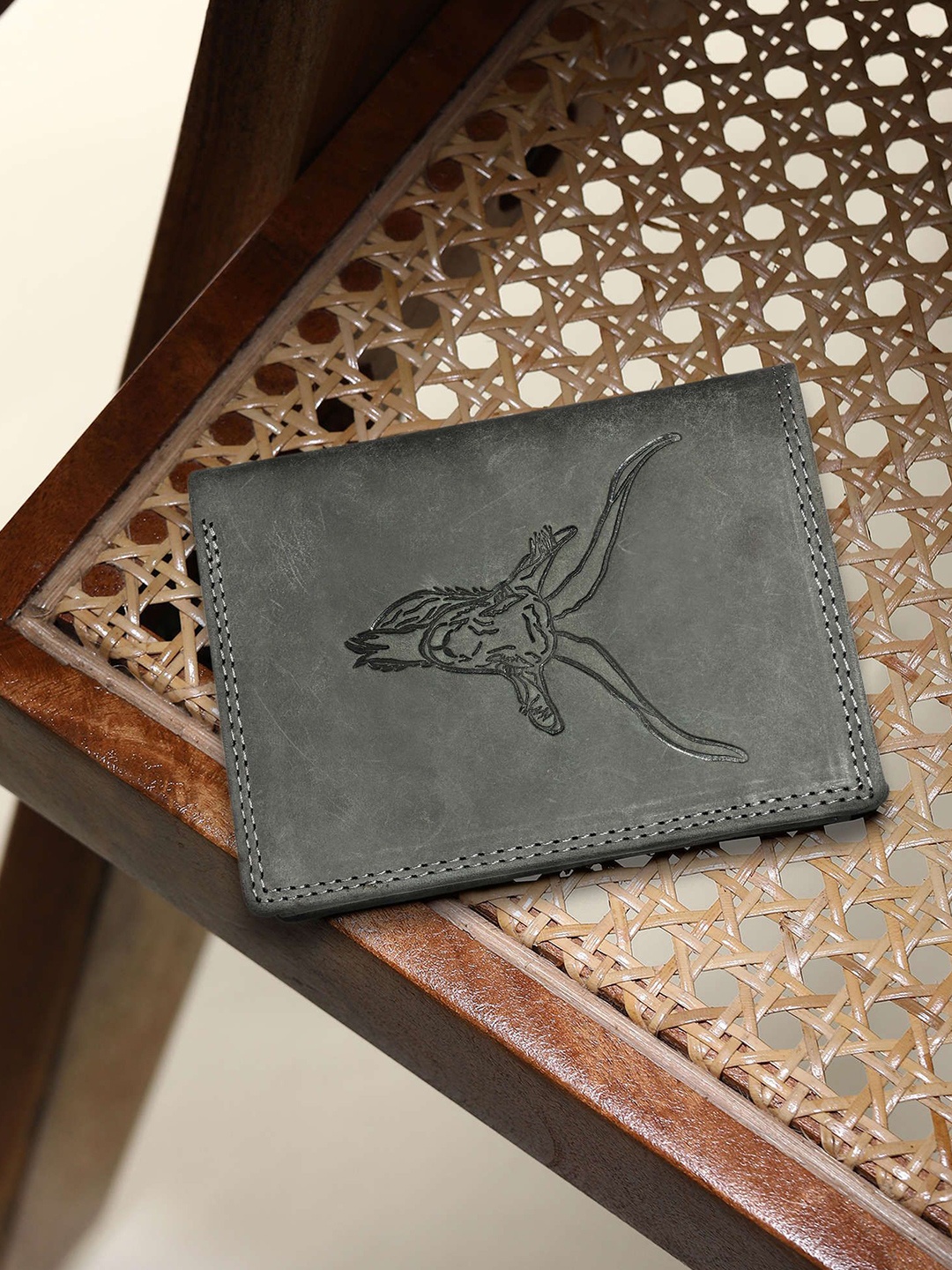

Sassora Men Animal Printed Embellished Leather Two Fold Wallet, Grey