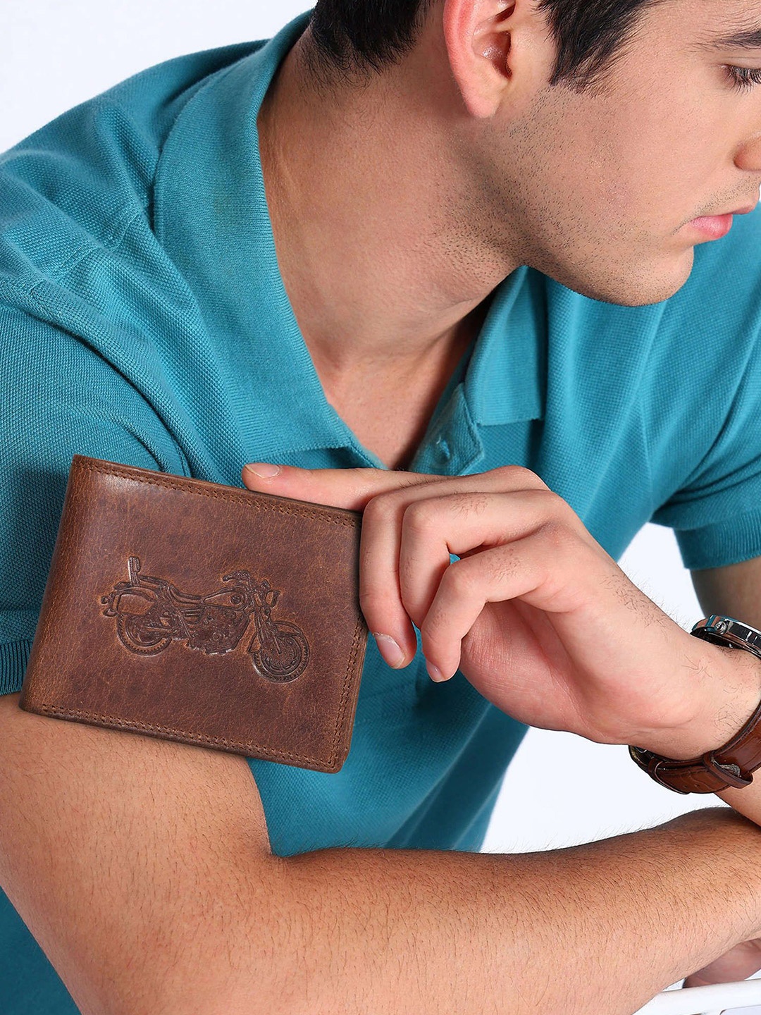 

Sassora Men Printed Embellished Leather Two Fold Wallet, Brown