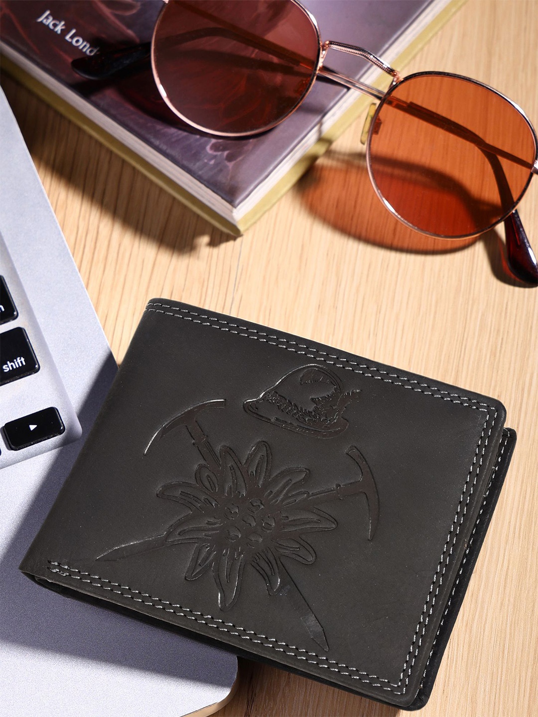 

Sassora Men Printed Embellished Leather Two Fold Wallet, Black