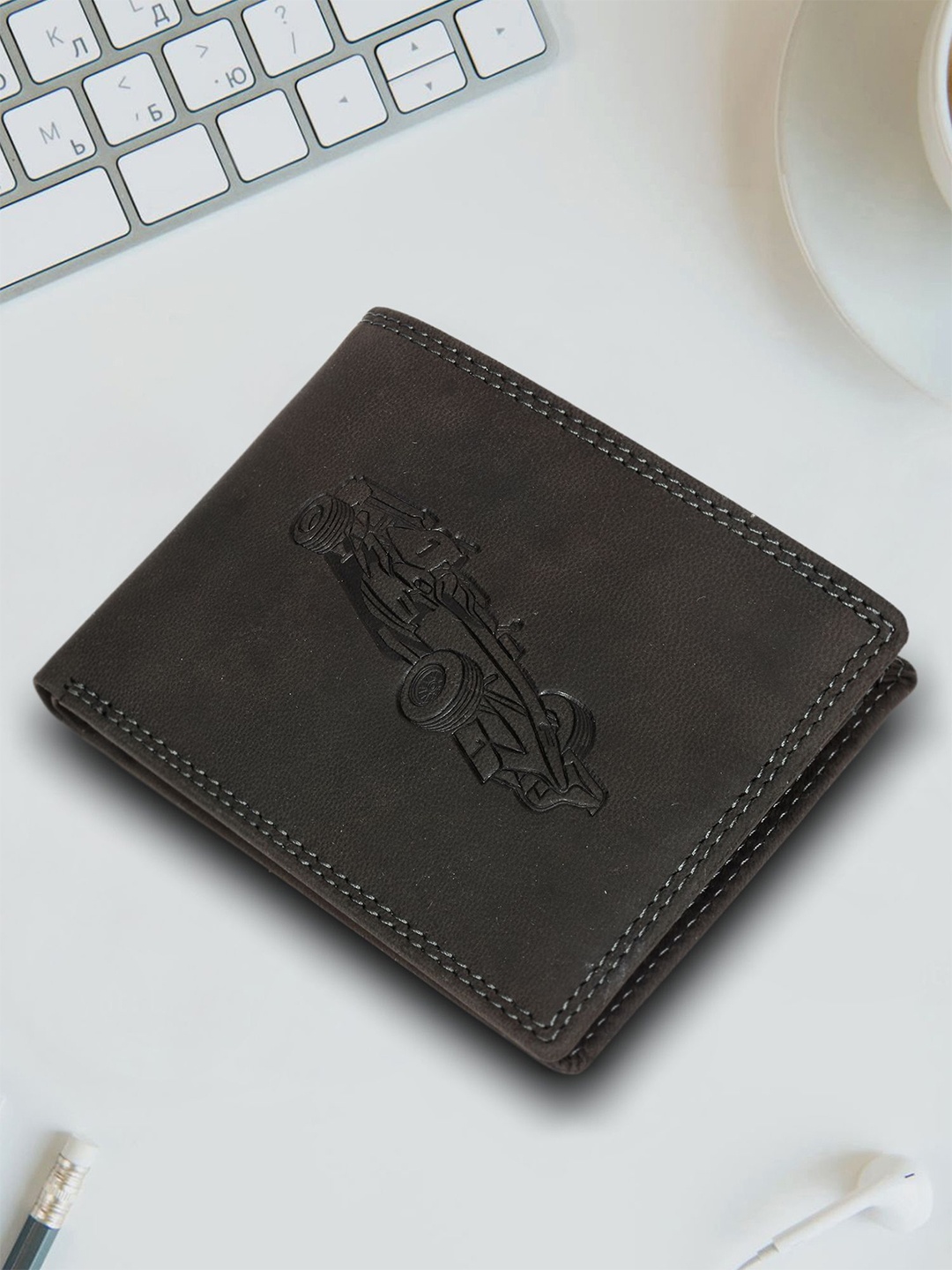 

Sassora Men Printed Embellished Leather Two Fold Wallet, Black
