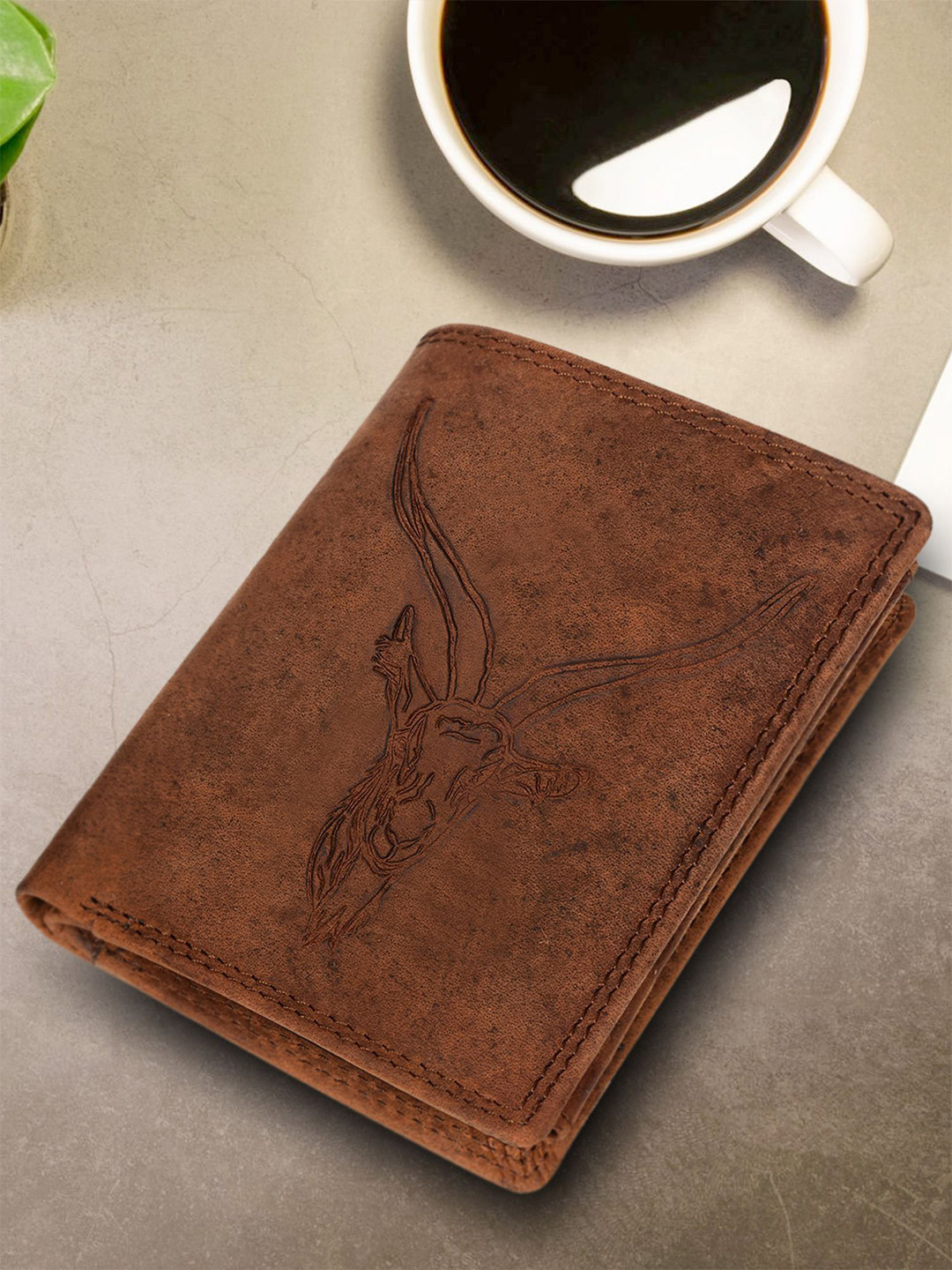 

Sassora Men Animal Printed Embellished Leather Two Fold Wallet, Brown