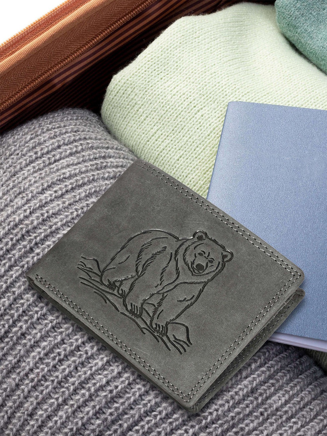 

Sassora Men Animal Printed Embellished Leather Two Fold Wallet, Grey