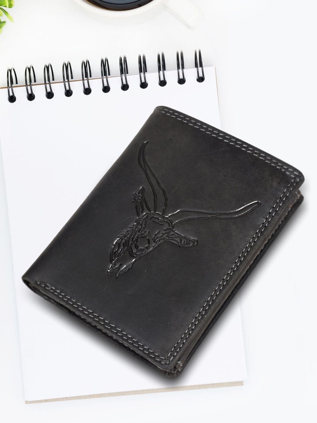 

Sassora Men Animal Printed Embellished Leather Two Fold Wallet, Black